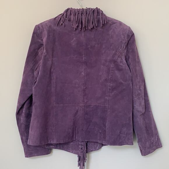 Dialogue purple 100% leather fringed jacket shoulder pads fully lined size M - Picture 2 of 8